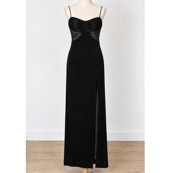 Cache Dresses & Skirts - 90s Cache Black Beaded Sequin Maxi Dress Size 8 Y2K Formal Evening Gown Vintage
